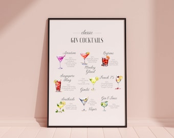 Gin Cocktails Recipe Art Print: Home Bar Decor (Digital Download)