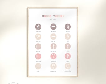 May include: A printable music theory poster with pink and brown illustrations of musical symbols and terms. The poster includes treble clef, bass clef, alto clef, tenor clef, whole rest, half rest, quarter rest, eighth rest, sixteenth rest, natural, flat, sharp, repeat, and common time.