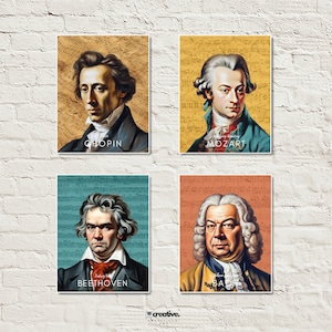 Puede incluir: Un collage de cuatro retratos de compositores famosos: Chopin, Mozart, Beethoven y Bach. Cada retrato está sobre un fondo de partituras musicales.