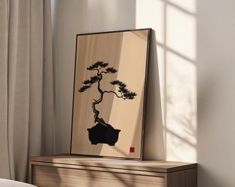 May include: A framed art print featuring a black and white illustration of a bonsai tree. The artwork is set against a light wood-grain background and is displayed in a dark brown frame. A small red stamp is in the lower right corner.