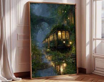 Bostrein kunstafdruk | Op ghibli geïnspireerde fantasiekunst aan de muur | Gezellig regenachtig nachtlandschap | Muurkunst in anime-stijl | verticale woondecoratie