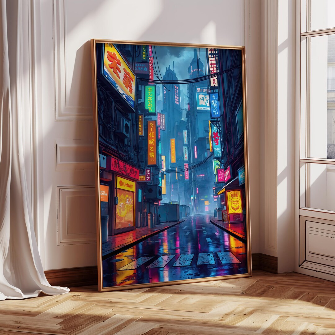 Cyberpunk Anime City Street Poster - Neon Dystopia Night Alley Art ...