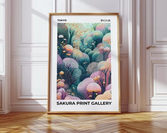 Póster de bosque de lunares de ensueño, fantasía abstracta colorida, impresión psicodélica de naturaleza, decoración moderna para dormitorio y sala de estar.