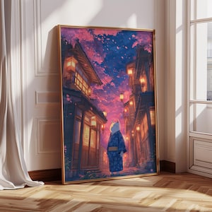 Kimono Katze unter Kirschblüten und Laternen | Anime Wanddekorationsposter | Ghibli inspirierter druck | Japanische Stadt bei Nacht | Kawaii