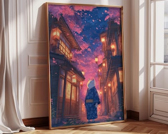 Japanese Anime Cat Wall Art – Cherry Blossom Night Poster, Kawaii Decor