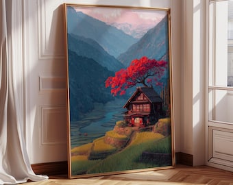 Verträumtes japanisches Dorf bei Sonnenuntergang | Ghibli-inspirierte Anime-Wandkunst | Anime-Landschaftsposter | Naturkunst | Heimdekor