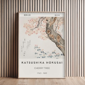 Puede incluir: Una impresión japonesa en madera vintage de un cerezo en flor. La impresión se titula "Cerezo" y se atribuye a Katsushika Hokusai, un famoso artista japonés. La impresión está fechada en 1760-1849.