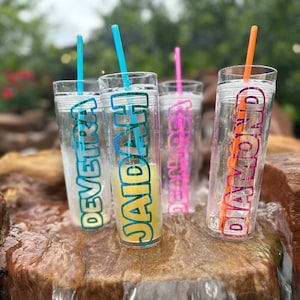 Personalized Holographic Clear Skinny Tumbler with Straw Bachelorette/Birthday Party Cup Acrylic Tumbler 16oz