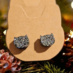 Cute Holographic Glitter Cat Stud Earrings - Light Green and Black Varieties - Handmade Resin Jewelry
