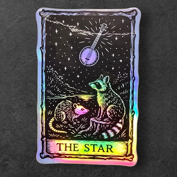 The Star Tarot Sticker – Banjo Possum and Raccoon Vinyl Decal for Laptop, Tumbler, or Journal