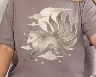 Kitsune Nine Tailed Fox Shirt, Japanese Mythology Moon Spirit Graphic Tee