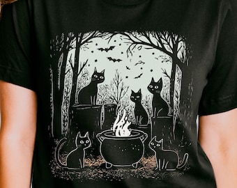 Camiseta de gato negro de bruja, gráfico de caldero de aquelarre de gatos, camiseta espeluznante de witchcore
