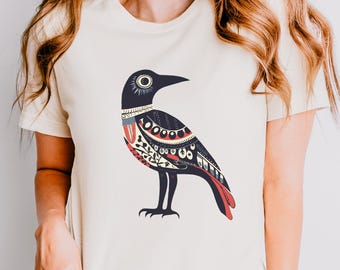 Koszulka z motywem kruka w stylu folk art | Koszulka z grafiką w stylu boho z krukiem i wzorem w stylu vintage z motywem ptaków