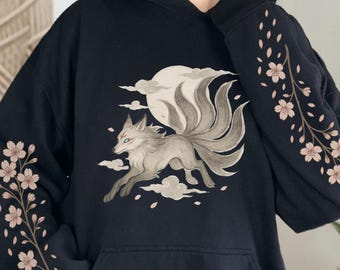 Sudadera con capucha Kitsune de nueve colas: espíritu del zorro japonés y flores de cerezo