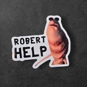 May include: A white sticker with the text "ROBERT HELP" in black, featuring a cartoonish creature with sunglasses. The creature is a mix of pink and brown tones, with a long, thin appendage.
