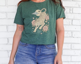 Tiger Festival Crop Top | Women's Cropped Tee | Gothic Asian Streetwear Floral Tiger Graphic Shirt