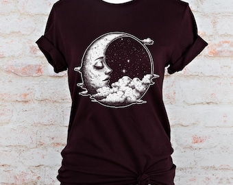 Camiseta con cara de luna celestial: camiseta con gráfico lunar gótico