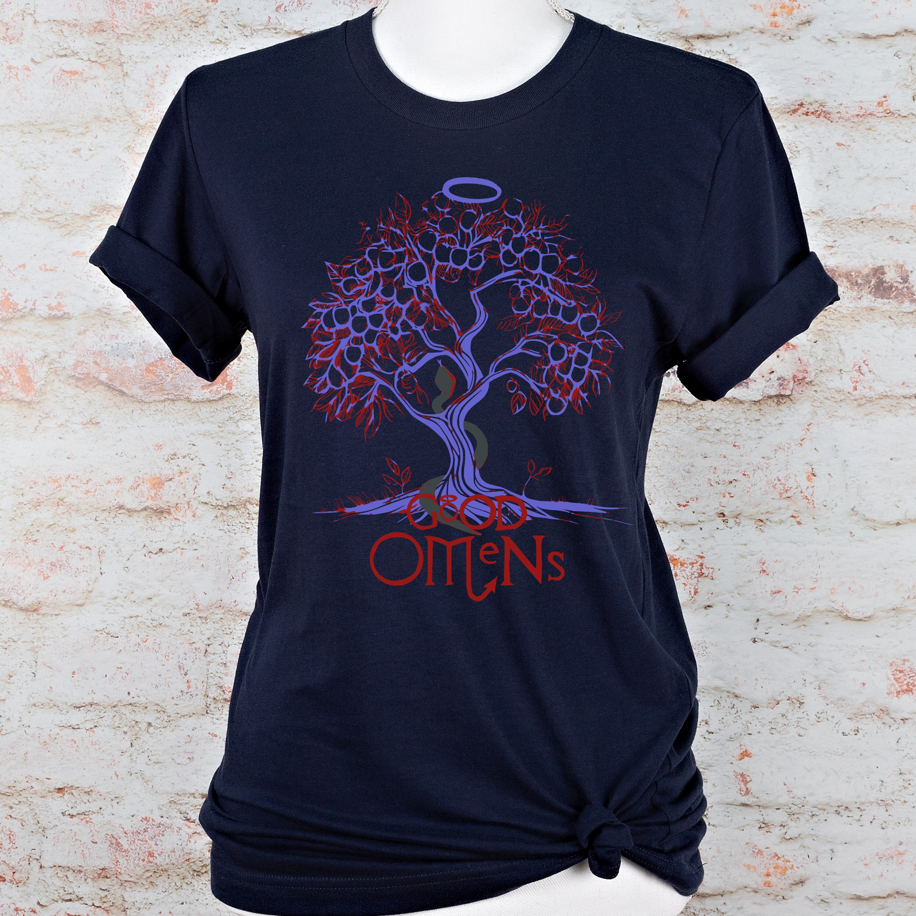 Good Omens Tree of Knowledge T-shirt: Aziraphale & Crowley Doodle