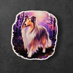Adesivo con cane da pastore scozzese a pelo lungo, decorazione ispirata a Lassie, adesivo in vinile con foresta autunnale, regalo per amanti dei cani e della natura, adesivo per laptop con estetica autunnale