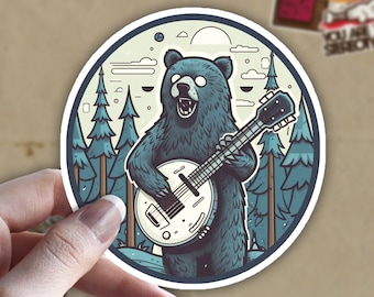 Etiqueta engomada del arte popular del banjo del oso negro: Y'allternative Bluegrass Decor Backwoods Appalachian Bluegrass Etiqueta del oso negro resistente al agua