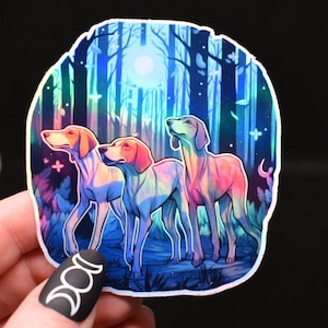 American Foxhound Holographic Sticker – Colorful Dog Art in Moonlit Forest