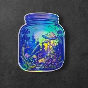 Sticker forêt enchantée dans un bocal, vinyle 3 x 3 champignons magiques pour les amoureux de la nature