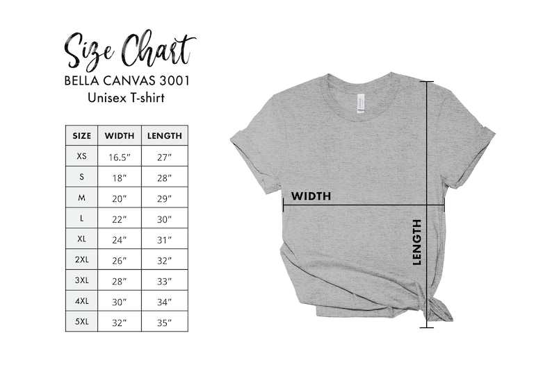May include: Size chart for a Bella Canvas 3001 unisex t-shirt. The chart shows the width and length measurements in inches for sizes XS to 5XL.