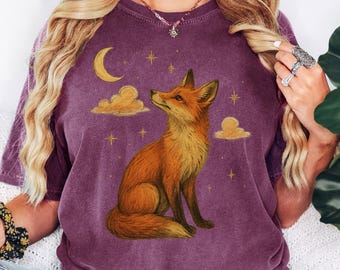 Celestial Fox T-Shirt - Witchy Mond und Sterne Grafik-T-Shirt für Naturliebhaber