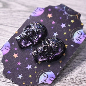 Black Glitter Skull Earrings, Spooky Halloween Studs, Goth Resin Earrings, Witchy Vibes Jewelry, Alternative Punk Gift