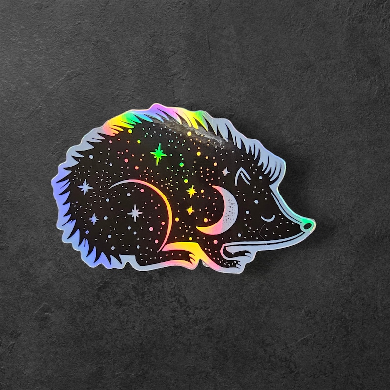 Black Ink Celestial Hedgehog Sticker - Holographic Night Sky Art - Cute Decal for Laptops, Notebooks, and Water Bottles