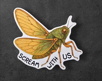 Pegatina de cigarra "Grita con nosotros" / Calcomanía de vinilo divertida de insecto, pegatina de insecto holográfica o mate