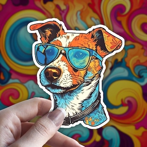 Pegatina psicodélica de Jack Russell Terrier, calcomanía de raza de perro Jack Russell Terrier, estilo de arte de dibujos animados, regalo lindo kawaii para amantes de las mascotas
