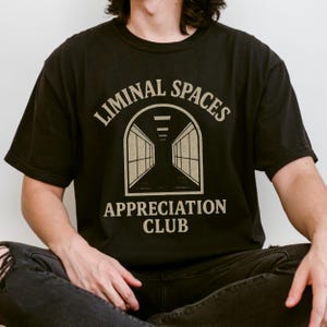May include: Black t-shirt with the text "LIMINAL SPACES APPRECIATION CLUB" in a vintage-style font. The design includes an arched doorway with a hallway perspective. The shirt is a crew neck and has short sleeves.