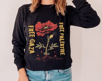 Free Gaza Palestine Long Sleeve Shirt: Floral Crewneck, PCRF Donation
