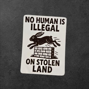 No Human Is Illegal Politischer Aufkleber mit Kaninchen und Mauerdesign