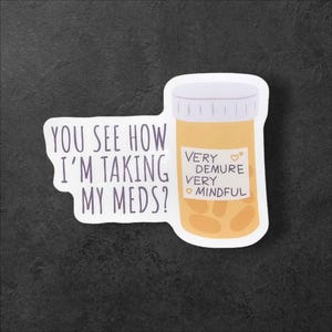 Muy recatado, muy consciente, Tómate tus medicamentos, calcomanía holográfica de TikTok, calcomanía de salud mental, calcomanía de ansiedad, calcomanía de lector electrónico