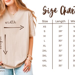 May include: Size chart for a Gildan 64000 adult t-shirt. The chart shows the length and width in inches for sizes XS to 5XL.