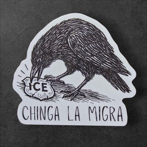 Può includere: Adesivo in bianco e nero con un'illustrazione dettagliata di un corvo che becca un emblema a forma di scudo con le lettere "ICE". Il testo "CHINGA LA MIGRA" è stampato sotto.