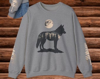 Wolf Mond Sweatshirt | Forest Wolf Crewneck mit Baum-Ärmeldrucken, Nature Wildlife Art Pullover