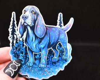 Bassett Hound Familiar Sticker, Witch Bassett Hound Dog Sticker/ Decal, Holographic, Dog Lover Gift