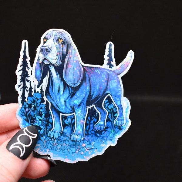 Bassett Hound Familiar Sticker, Witch Bassett Hound Dog Sticker/ Decal, Holographic, Dog Lover Gift