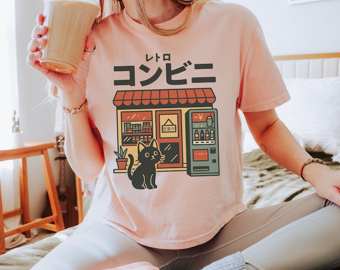 Japanese Convenience Store Crop Tee: Comfort Colors Retro Anime Cat Shirt