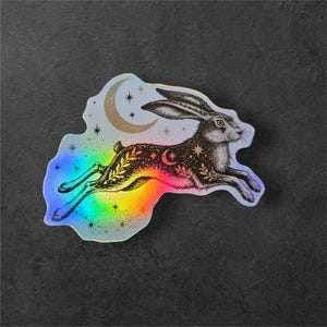 Sticker lièvre céleste | Sticker en vinyle holographique lapin lune Witchy Bunny