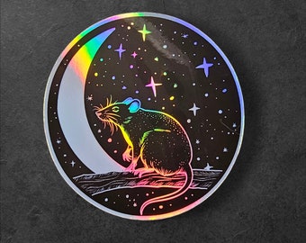 Celestial Rat Sticker: Holographic Witchy Moon & Stars Vinyl Decal