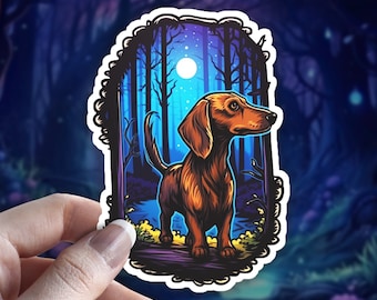 May include: A die-cut sticker featuring a brown dachshund standing in a forest at night. The scene includes a bright full moon, tall dark trees, and a blue-toned background. The sticker has a white border and a decorative, scalloped edge.