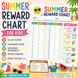 Puede incluir: Una tabla de recompensas de verano imprimible para niños con un rastreador de 30 días, lista de tareas y niveles de recompensa. El diseño incluye un sol sonriente con gafas de sol, una pelota de playa, una palmera y una rodaja de sandía.
