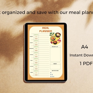May include: A printable meal planner on a tablet screen. The planner has a yellow background with a brown border. It includes a weekly meal planner, a grocery list, a space for notes, and a water intake tracker. The planner is decorated with colorful illustrations of food.