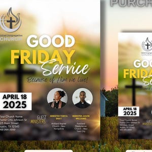 May include: A flyer and social media post design template for a Good Friday service. The flyer is 8.5 x 11 inches and features a cross, a sunset, and the text "Good Friday Service". The social media post is 1080 x 1080 pixels and features a similar design.