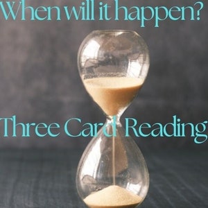 May include: A clear glass hourglass with tan sand inside, set against a dark gray background. The text "When will it happen?" and "Three Card Reading" are in teal letters.
