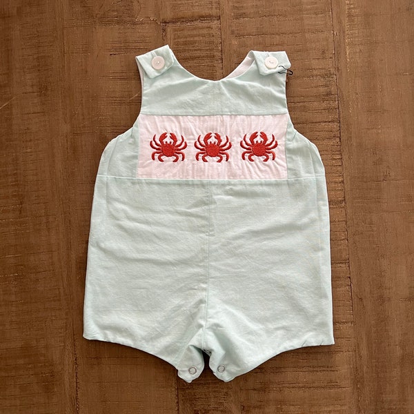 Baby Boy Embroidered Red Crab Jon Jon Shortall, Mint Green Baby Romper Outfit, Pale Aqua Summer Beach Jon Jon